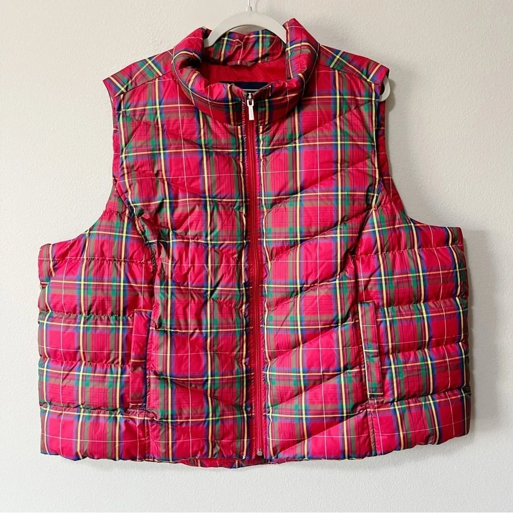 Lands' End 3X Red Plaid Full Zip Puffer Vest 80% Down Outdoor Holiday Pockets